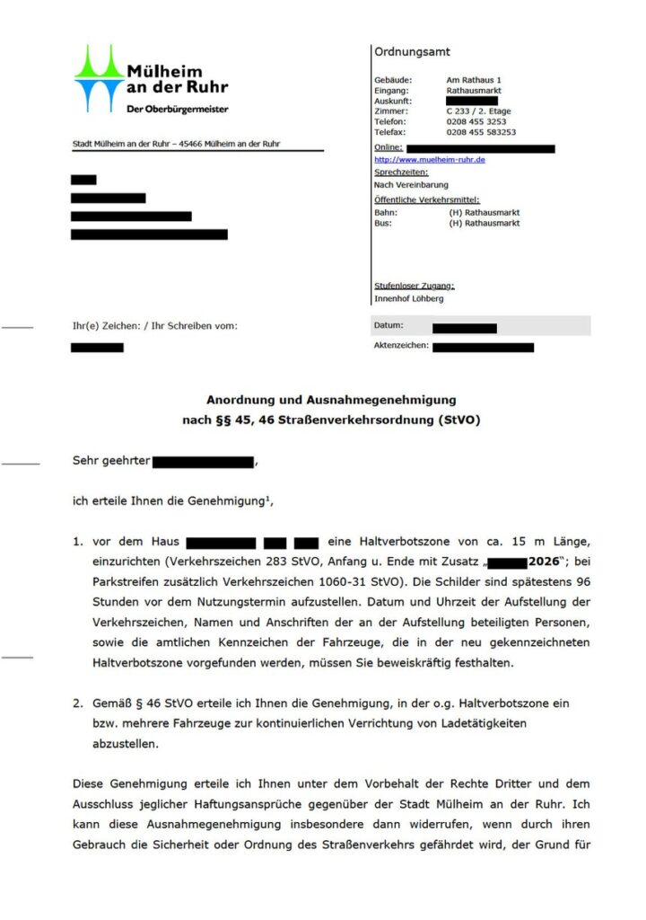 Beispielgenehmigung Stadt Mülheim an der Ruhr Halteverbotszone