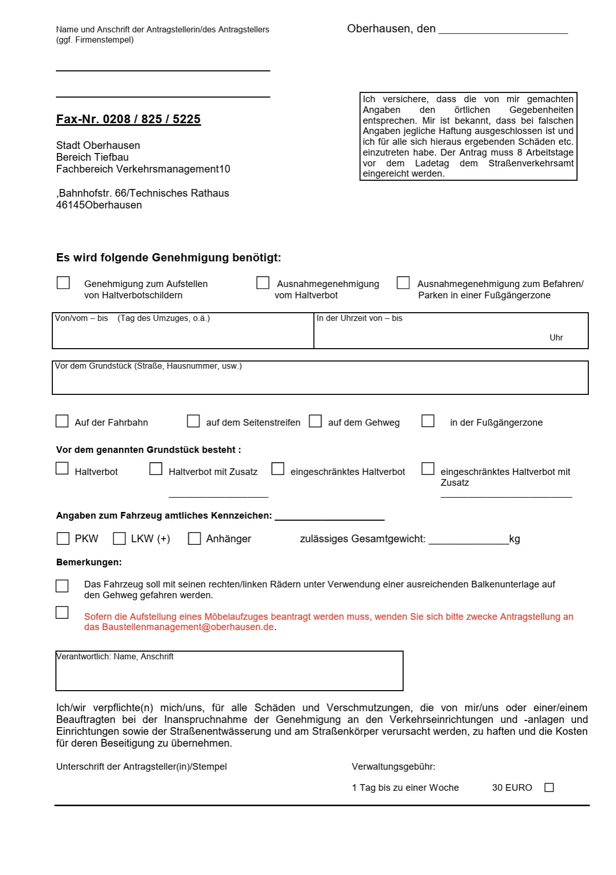 Formular für Genehmigung von Halte- und Verkehrsmaßnahmen, mit Feldern für Namen, Adresse, Datum, Fahrzeugkennzeichen und mehreren Checkboxen.